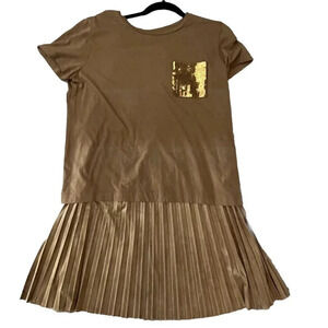 DKNY Womens Accordion Pleated Midi Skirt and T-Shirt Set Size Medium Gold Sequin